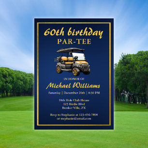 Elegantes Golf-Themen-Warenkorb Blau Gold 60. Gebu Einladung