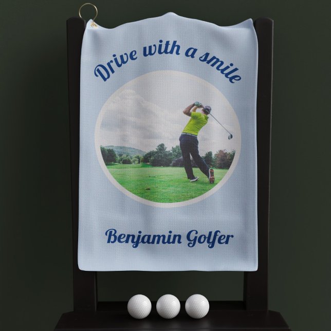 Elegantes Golfer Foto Name Blue Golf Handtuch (You should always drive with a smile! )