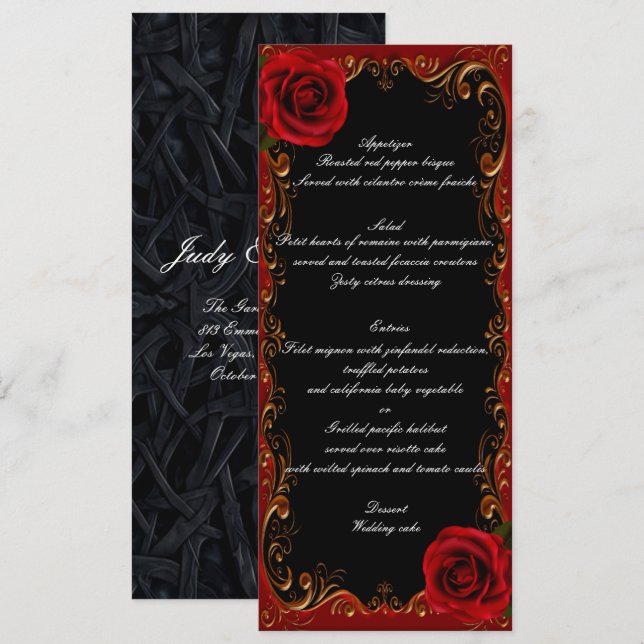 Elegantes Goth Rote Rosen Wedding Menu Menükarte (Vorne/Hinten)