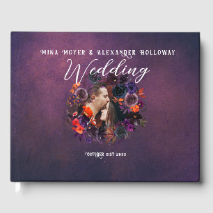 Elegantes Gothic Dark Floral Lila Foto Hochzeit Gästebuch