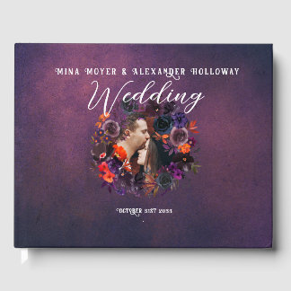 Elegantes Gothic Dark Floral Lila Foto Hochzeit Gästebuch