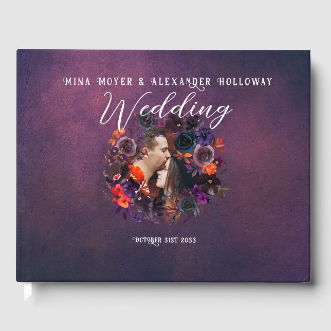Elegantes Gothic Dark Floral Lila Foto Hochzeit Gästebuch (Vorderseite)