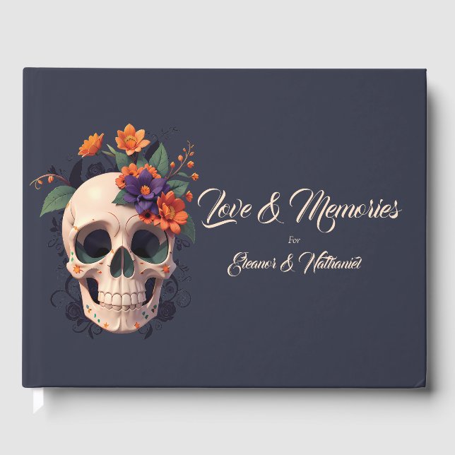 Elegantes Gothic Floral Skull Wedding Gästebuch (Vorderseite)
