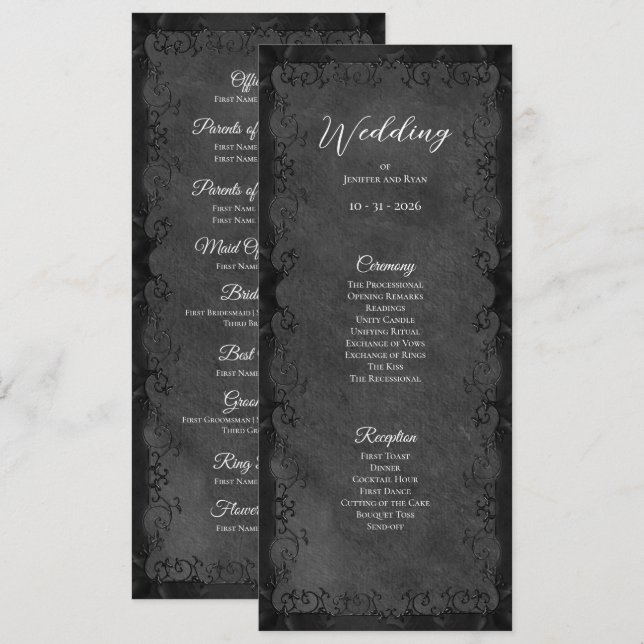 Elegantes gothisches Hochzeitsprogramm Menükarte (Vorne/Hinten)