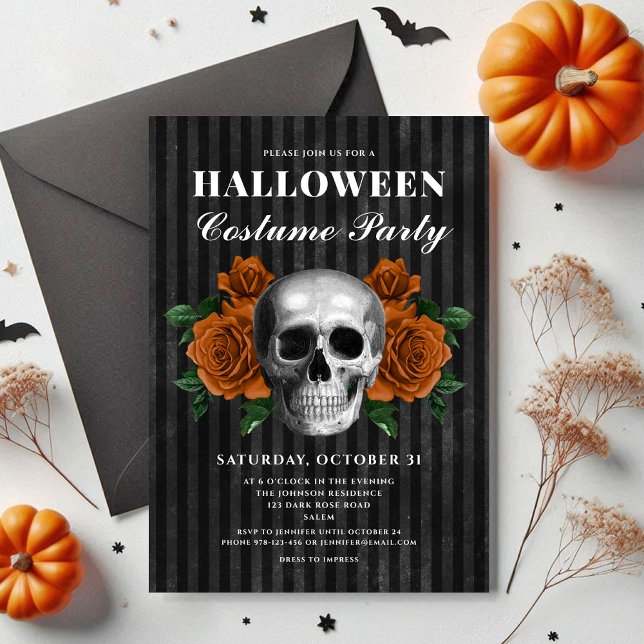 Elegantes gotisches Blumenkostüm Halloween Einladung (Elegant Gothic Floral Skull Costume Halloween Invitation)