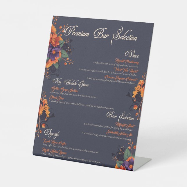 Elegantes Gotisches Floral Drinks Menü Pedestal Ze Sockelschild (Vorderseite)