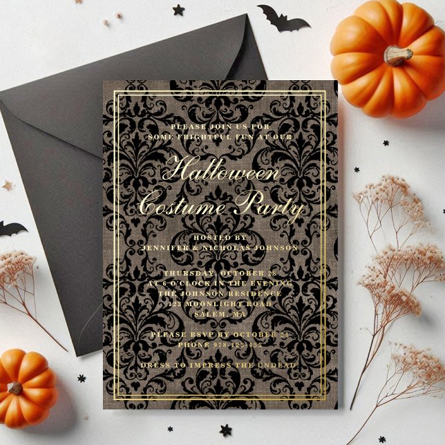 Elegantes Gotisches Halloween-Kostüm-Party Gold Folieneinladung (Elegant Gothic Halloween Costume Party Gold Foil Invitation)