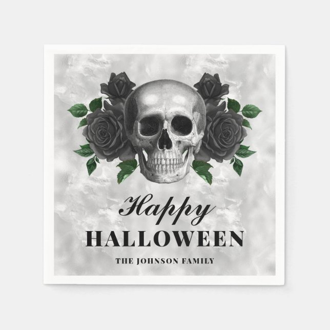 Elegantes gotisches Schwarzes Rose & Skull Happy H Serviette (Vorderseite)