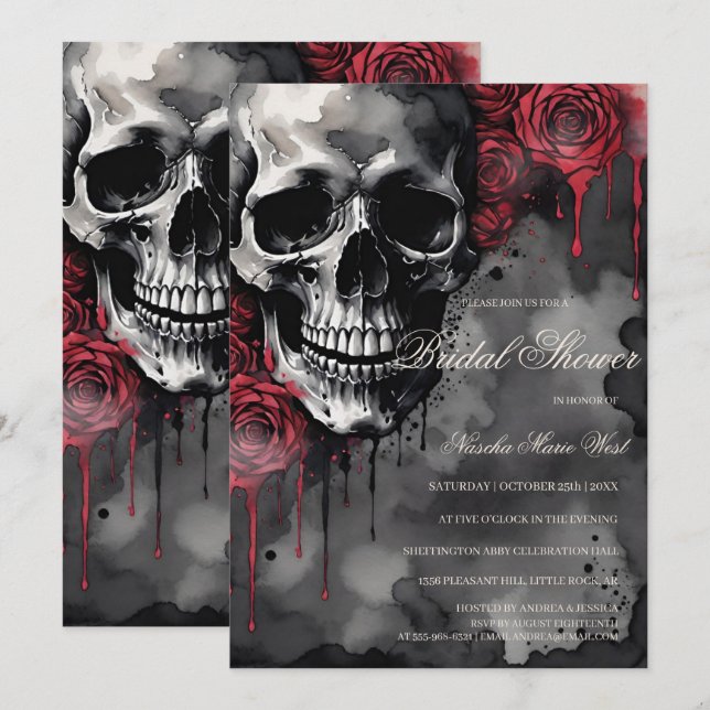 Elegantes Gotisches Skull & Rose Brautparty Einladung (Vorne/Hinten)