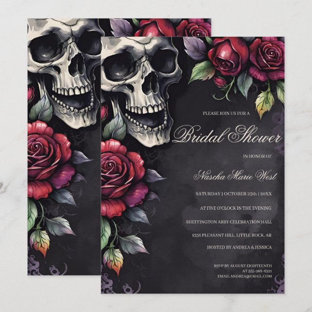 Elegantes Gotisches Skull & Rose Brautparty Einladung (Vorne/Hinten)