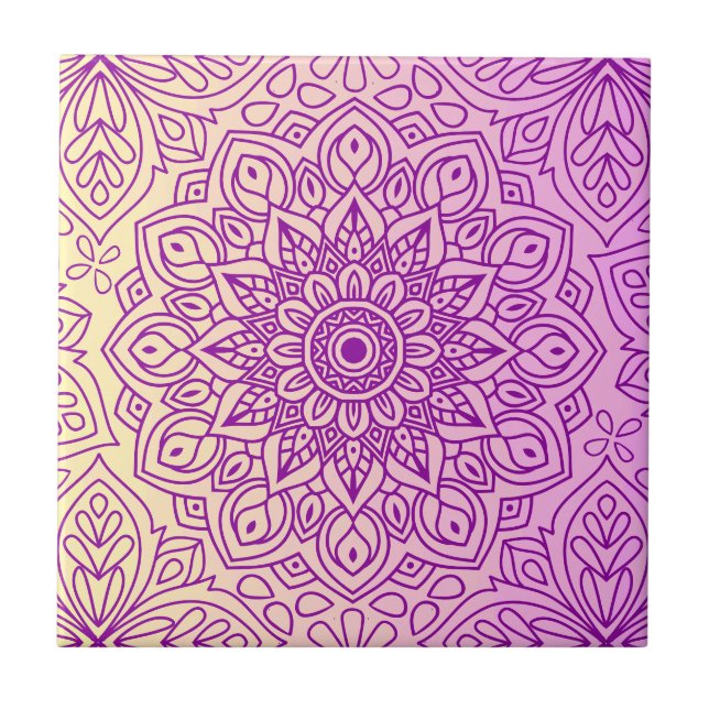 Elegantes Gradient Lila Peach Mandala Muster Fliese (Vorderseite)