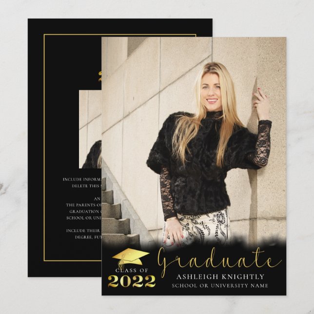 Elegantes Graduate 2022 Black Gold Metallic 2 Foto Ankündigung (Vorne/Hinten)