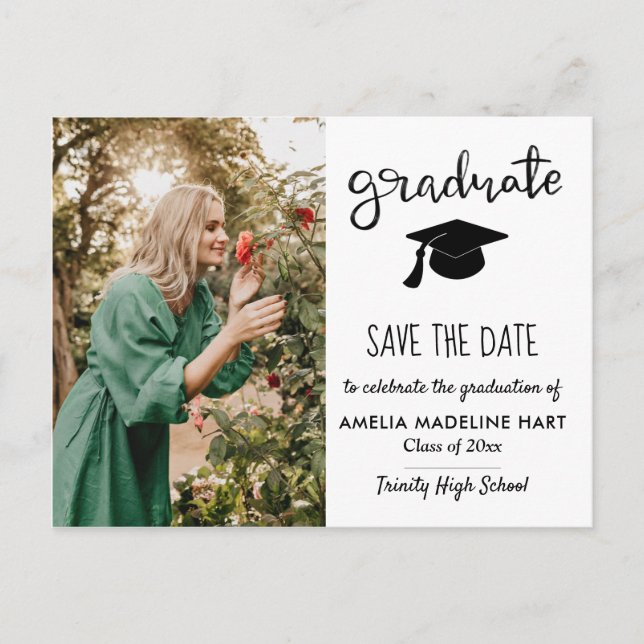 Elegantes Graduate Script | SAVE THE DATE FOTO  Ankündigungspostkarte (Vorderseite)
