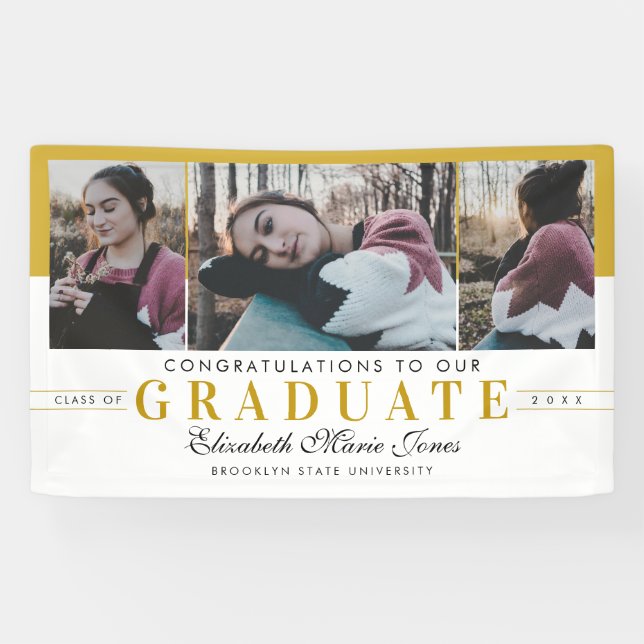 Elegantes Graduate White Gold Abschluss 3 Foto Banner (Horizontal)