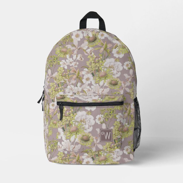 Elegantes, grau-grün-florales Muster Monogramm Bedruckter Rucksack (Vorderseite)