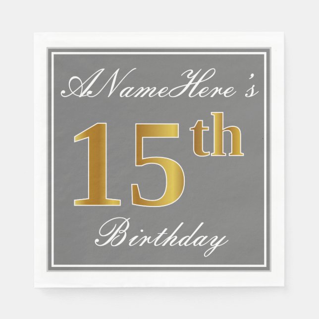 Elegantes Grau, Imitate Gold 15. Geburtstag; Indiv Serviette (Vorderseite)
