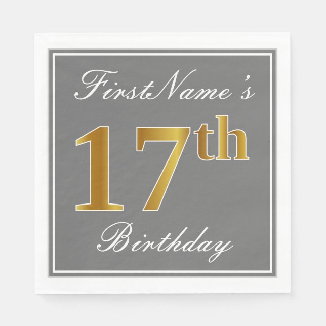 Elegantes Grau, Imitate Gold 17. Geburtstag; Indiv Serviette (Vorderseite)