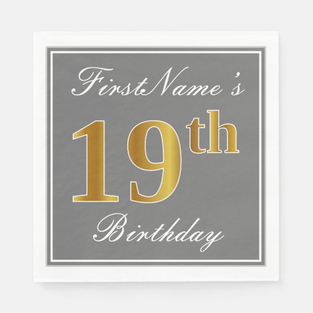Elegantes Grau, Imitate Gold 19. Geburtstag; Indiv Serviette (Vorderseite)