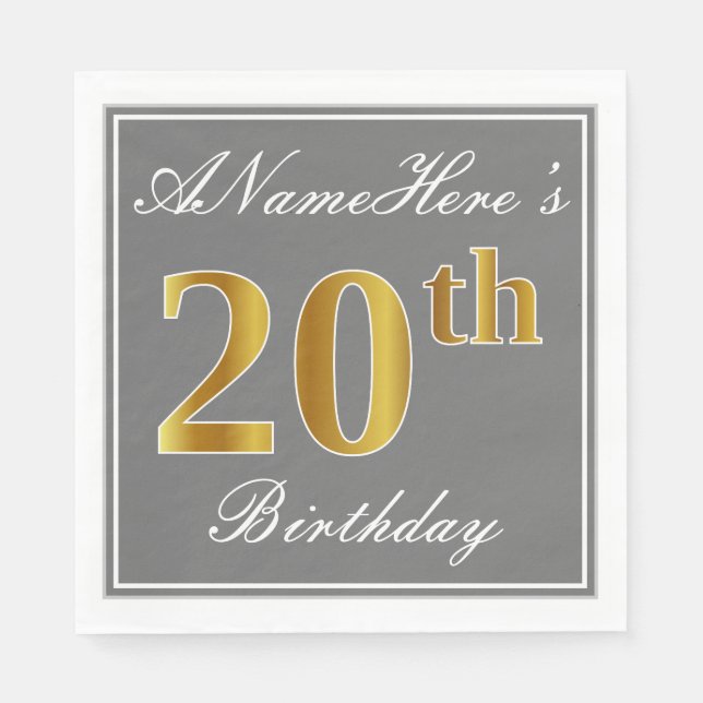 Elegantes Grau, Imitate Gold 20. Geburtstag; Indiv Serviette (Vorderseite)
