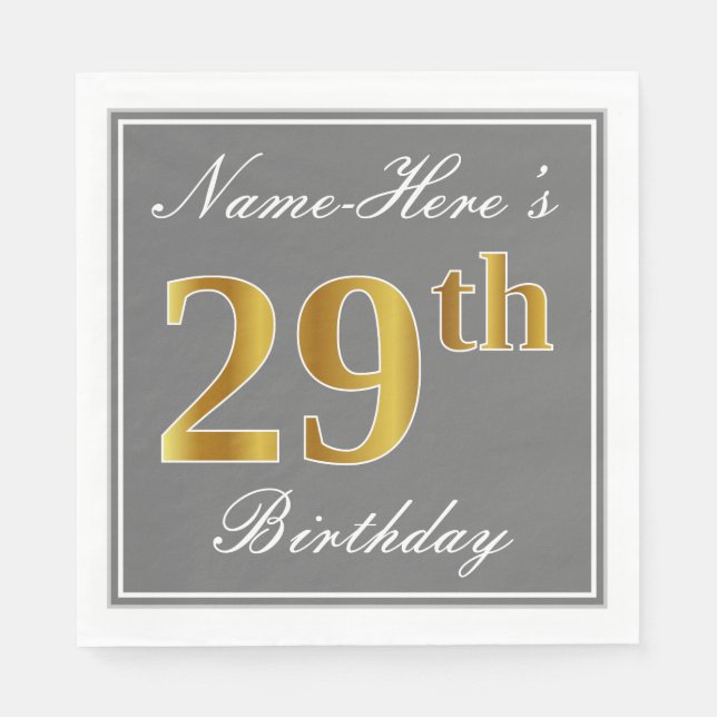 Elegantes Grau, Imitate Gold 29. Geburtstag; Indiv Serviette (Vorderseite)