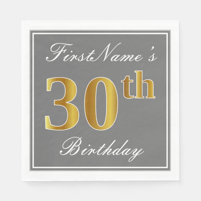 Elegantes Grau, Imitate Gold 30. Geburtstag; Indiv Serviette (Vorderseite)