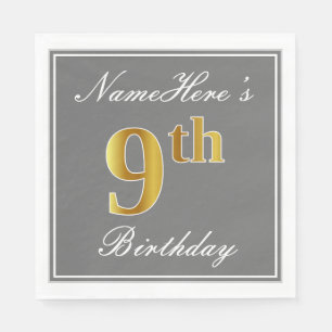 Elegantes Grau, Imitate Gold 9. Geburtstag + Indiv Serviette
