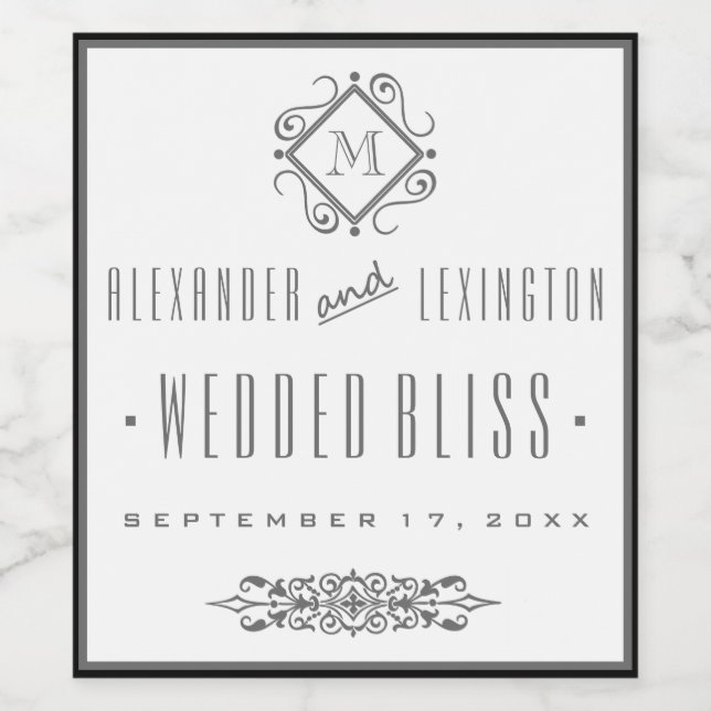 Elegantes, grau Mit Monogramm Hochzeitsweinlabel Weinetikett (Einzelnes Label)