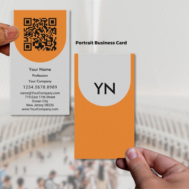 Elegantes, grau-schwarz-orangefarbenes Portrait Visitenkarte (Elegant Gray Black Orange Scannable Portrait Business Card)