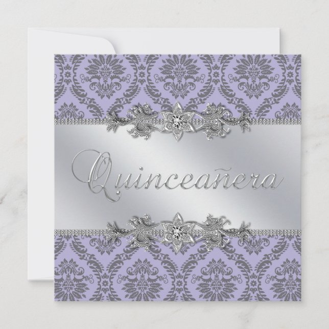 Elegantes Grau und Lila Damask Quinceanera Einladung (Vorderseite)