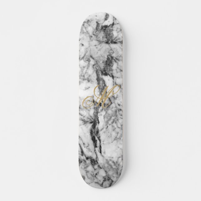 Elegantes, grau-weißes, modernes Marmorgold-Monogr Skateboard (Vorne)