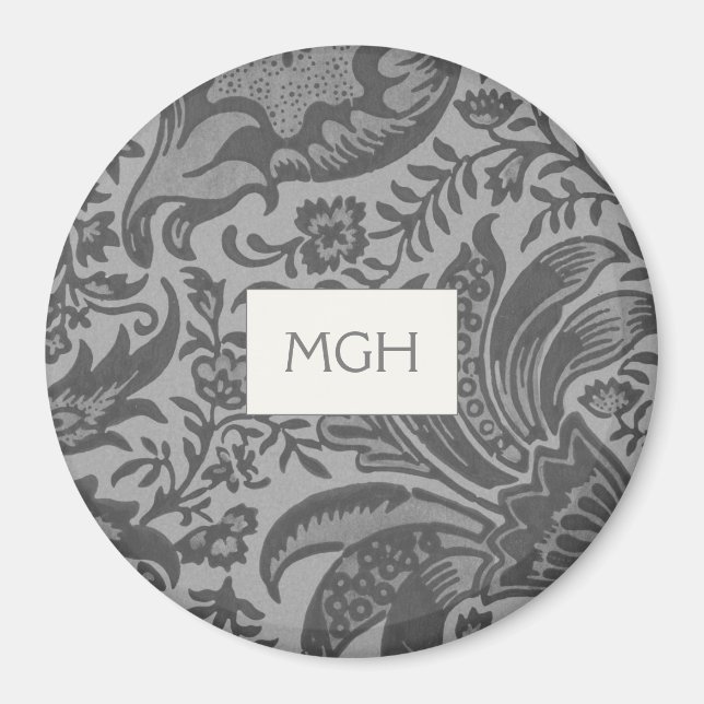 Elegantes graues botanisches Muster Monogramm Magnet (Vorne)