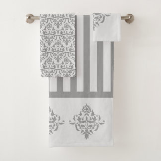 Elegantes graues Damask einfaches Stripmuster Badhandtuch Set