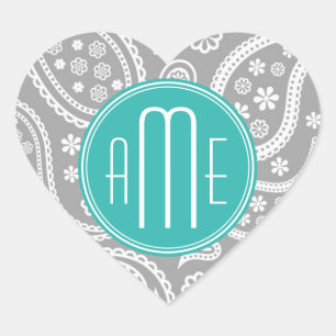 Elegantes graues florales Paisley-Muster und blaue Herz-Aufkleber