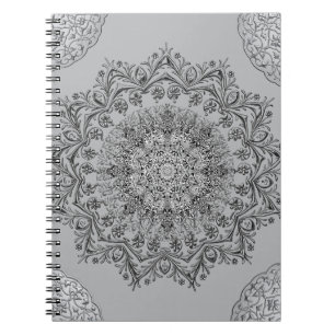 Elegantes graues Mandala-Boho-Spiralnotizbuch Notizblock
