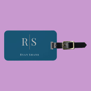 Elegantes graues Monogramm, Name & Info, Ocean Blu Gepäckanhänger