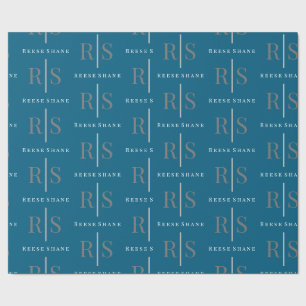 Elegantes graues Monogramm & weißer Name, Blau Geschenkpapier