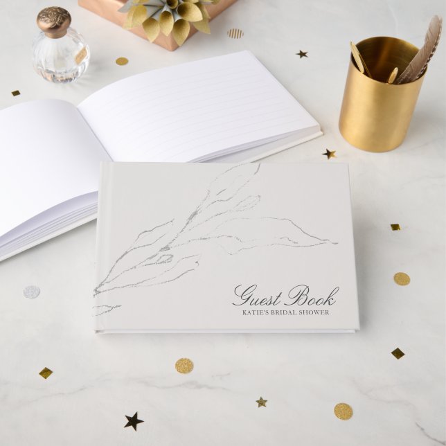 Elegantes graues Pencil geätztes Twig-Brautparty Gästebuch (Vorderseite Offen)