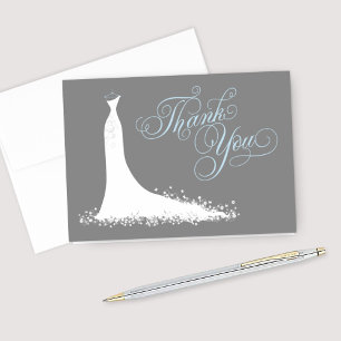 Elegantes graues, pulverbues Hochzeitskleid Brautk Dankeskarte