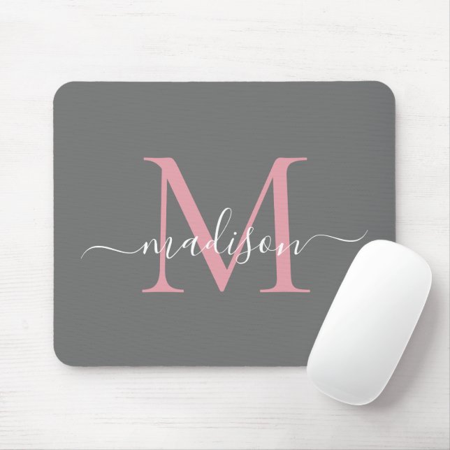 Elegantes graues Rosa Monogramm Modernes Skript Mousepad (Mit Mouse)