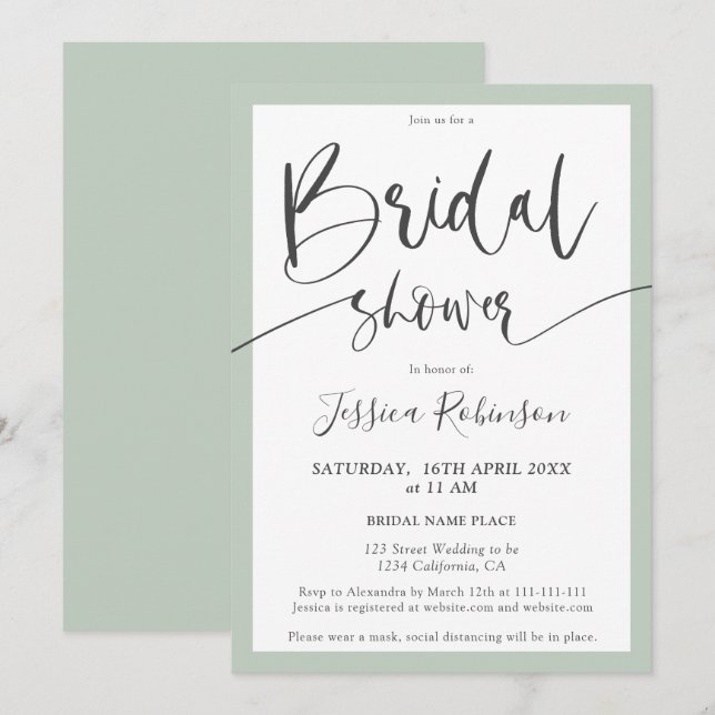 Elegantes graues schlinggrünes Script-Brautparty Einladung (Vorne/Hinten)