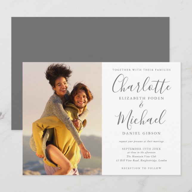 Elegantes graues Signature-Script-Foto Hochzeit Einladung (Vorne/Hinten)