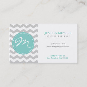 Elegantes graues u. weißes Zickzack mit Monogramm Visitenkarte