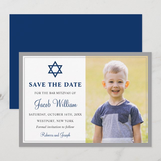 Elegantes Graues und Navy Blue Bar Mitzvah Foto Save The Date (Vorne/Hinten)