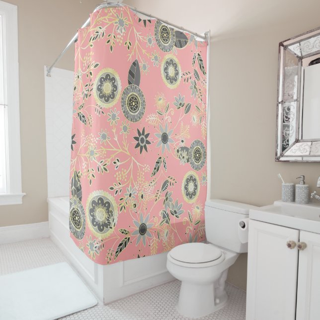 Elegantes Graues und rosa Folk Goldenes Design Duschvorhang (Beispiel)