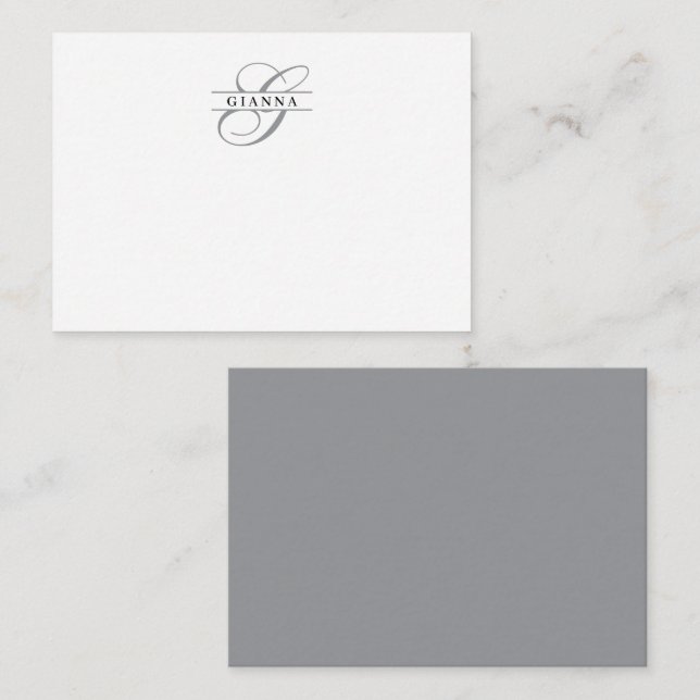 Elegantes Gray Calligraphy Split Monogram Mitteilungskarte (Vorne/Hinten)