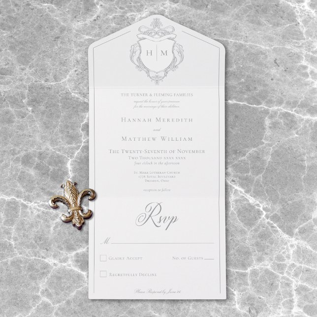 Elegantes Gray Chinoiserie Bird Wappen Wedding All In One Einladung (Elegant Gray Chinoiserie Bird Crest Wedding All In One Invitation)