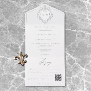 Elegantes Gray Chinoiserie Bird Wappen Wedding QR All In One Einladung