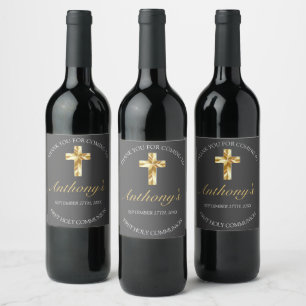 Elegantes Gray Gold Cross 1. Kommunion Weinetikett