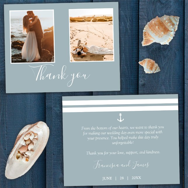Elegantes Gray Nautical Anchor Wedding Foto Dankeskarte (Front and Back)