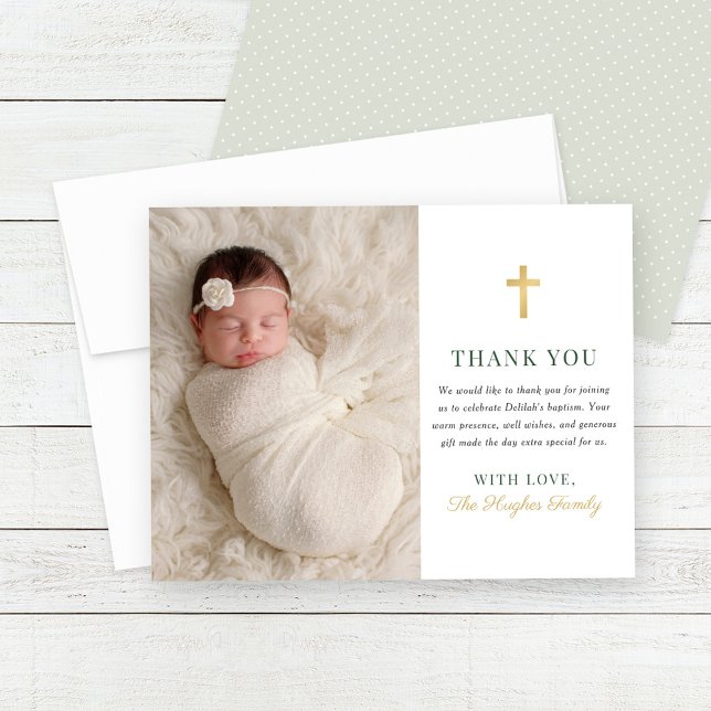 Elegantes Green and Gold Baby Girl Baptism Foto Dankeskarte (Von Creator hochgeladen)